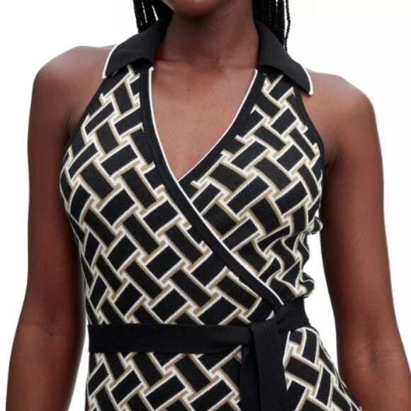 NWT! Collared Sleeveless Vintage Weave Neutral Sweaterknit Midi Wrap Dress - Picture 3 of 5